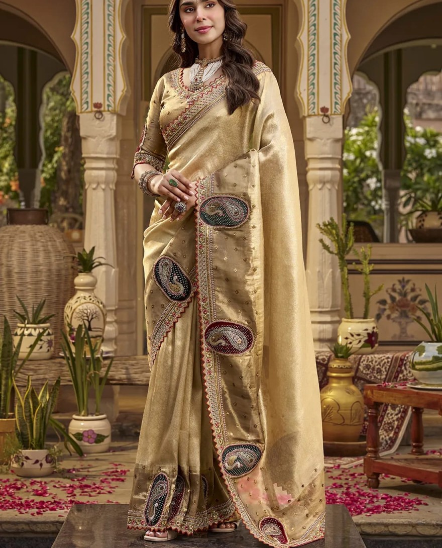 106 - Bronze Gold Embroidered Tissue Silk Saree with Stitched Blouse